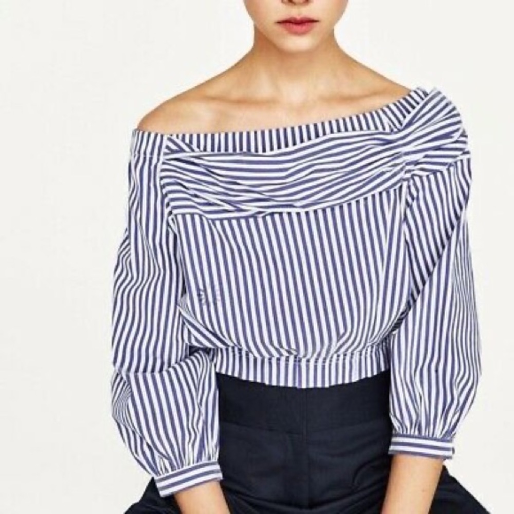 ZARA Basic Collection Blue Striped Blouse Off The Shoulder Crop Medium